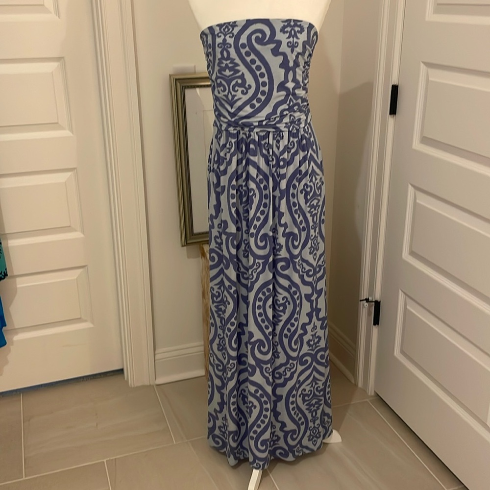 Strapless maxi dress in denim color & light blue print